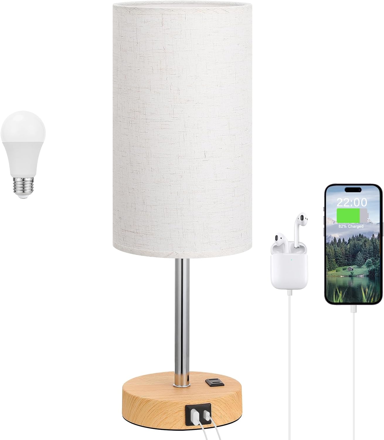 Dicoool Touch Bedside Table Lamp with USB - 3 Way Dimmable Wood Lamp for Bedroom Nightstand, Desk Lamp with Charging Station for Dorm, Living Room, Office, Kids Room, Small, 14in