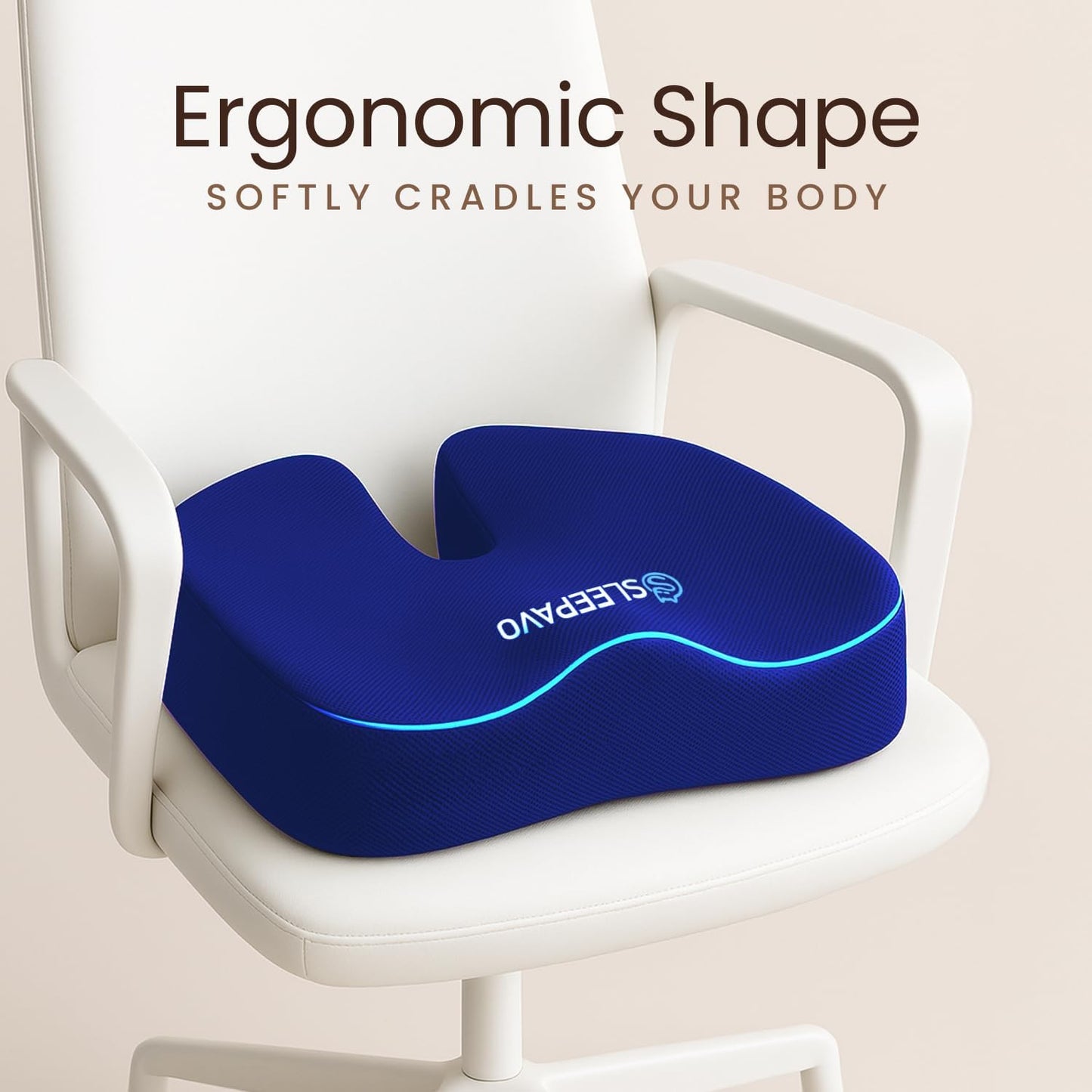Sleepavo Office Chair Cushion - Seat Cushion for Tailbone Pain Relief - Butt Pillow for Coccyx, Sciatica, and Lower Back Pain - Orthopedic Chair Pad for Lumbar Support in Office Desk, Car, Airplane