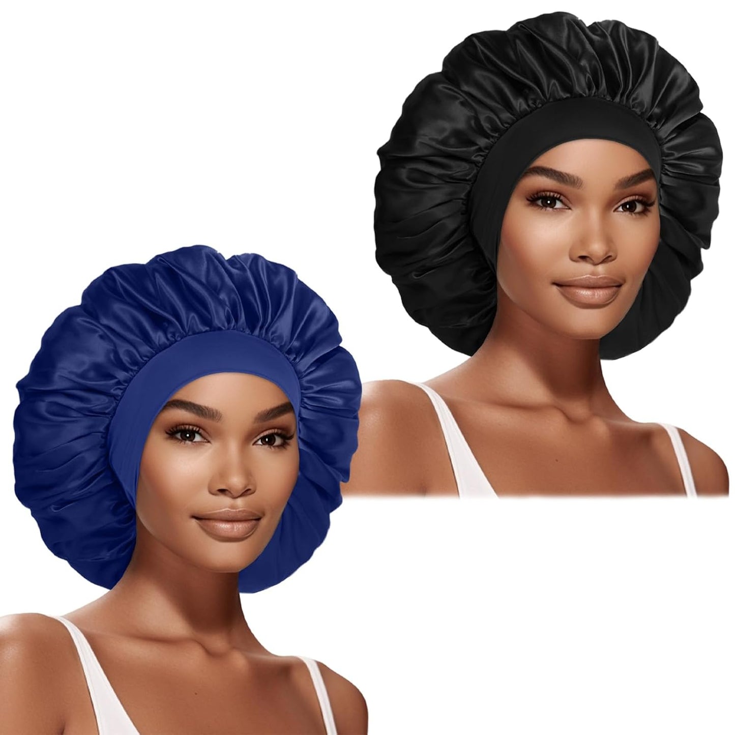 Extra Large Satin Bonnet Hair Cap for Women Men | 17inches, Jumbo Silk Sleep Cap, Wide Elastic Band for Braids Curly Hair Locs, Black