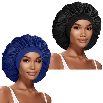 Extra Large Satin Bonnet Hair Cap for Women Men | 17inches, Jumbo Silk Sleep Cap, Wide Elastic Band for Braids Curly Hair Locs, Black