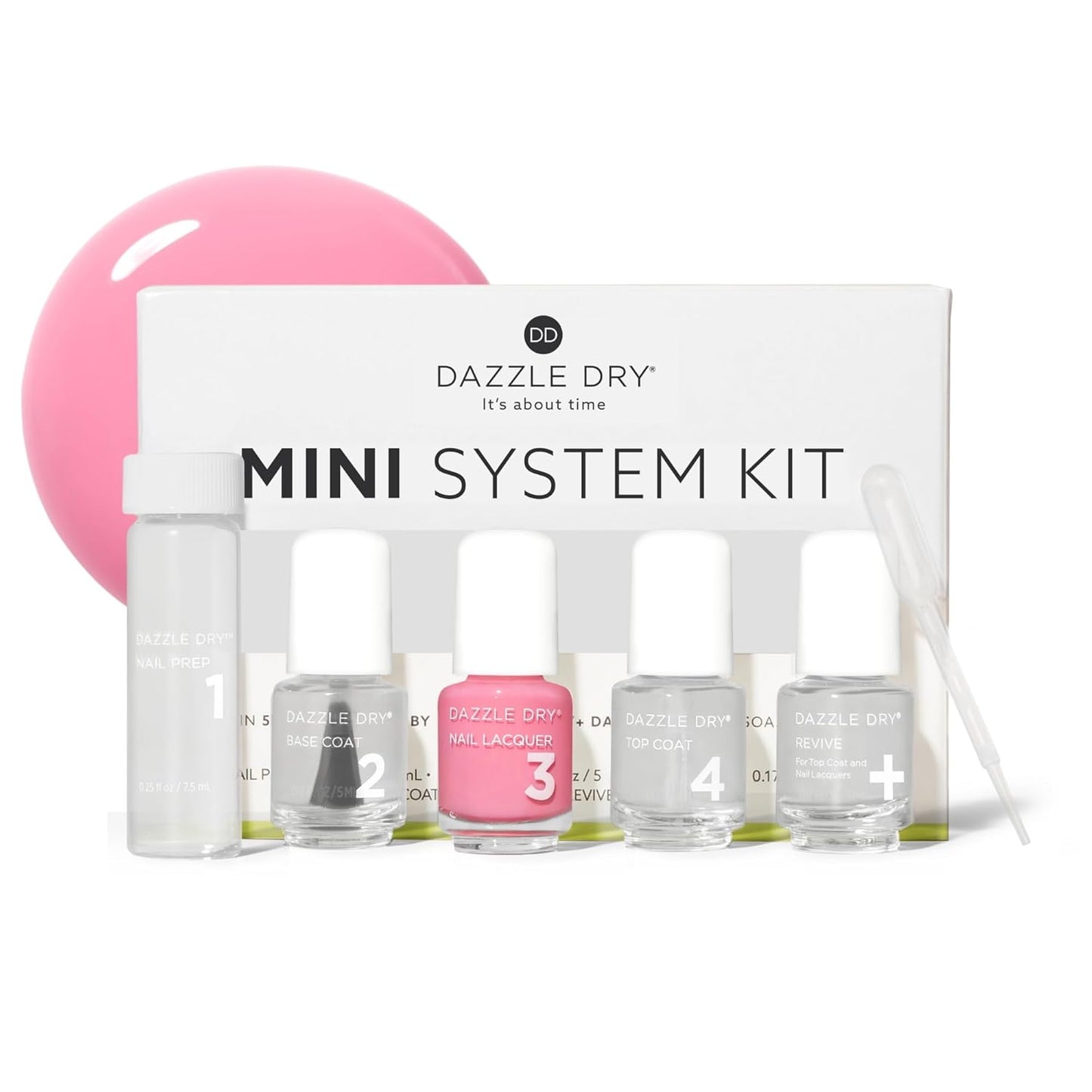 Dazzle Dry Mini Kit 4 Step System - Prima Ballerina, a sheer and milky delicate pink that makes a beautiful French base. (5 Piece Kit / 5 Manicures)