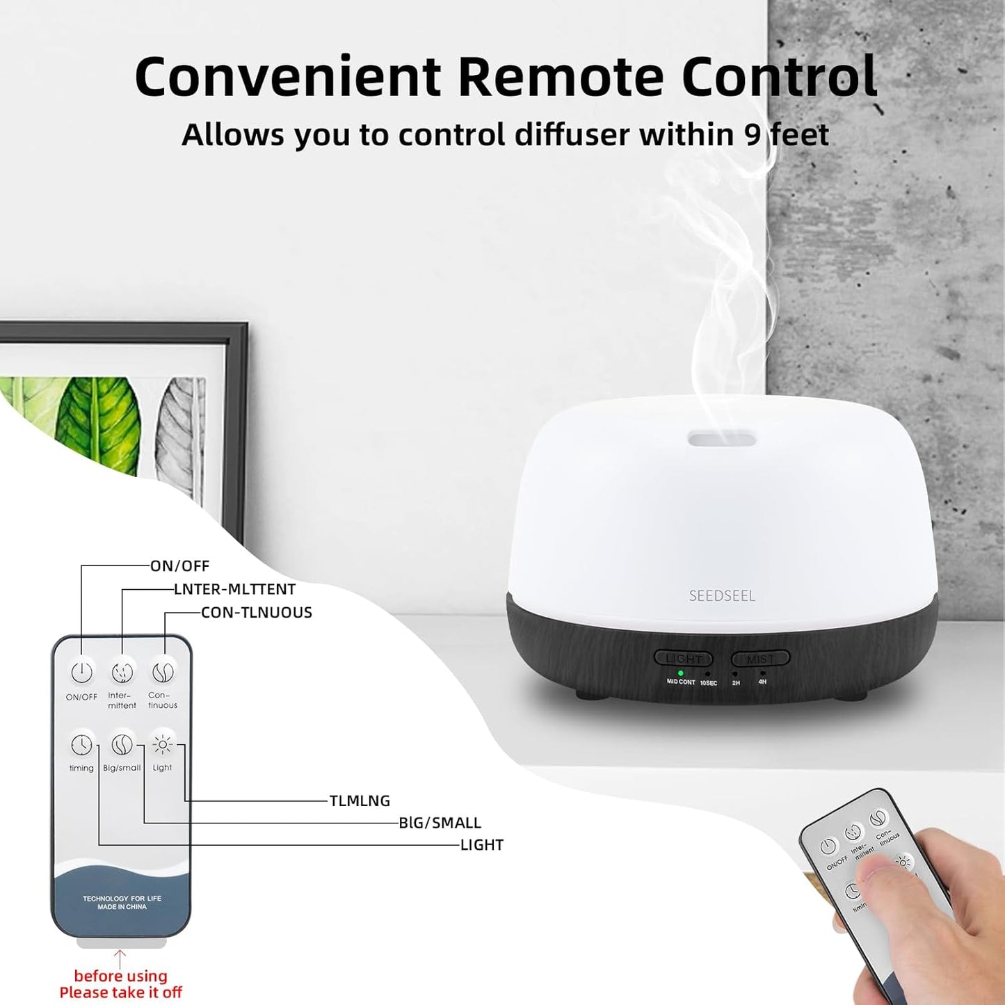 SEEDSEEL 300ML Essential Oil Diffuser with 7-Color LED Lights and Remote Control, Modern Minimalist Design, High-Efficiency Ultrasonic Mist Aromatherapy Diffuser for Home