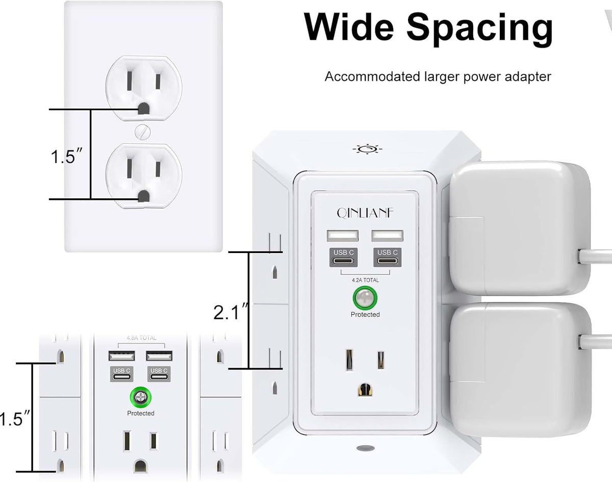 Wall Charger, Surge Protector, QINLIANF 5 Outlet Extender with 4 USB Ports