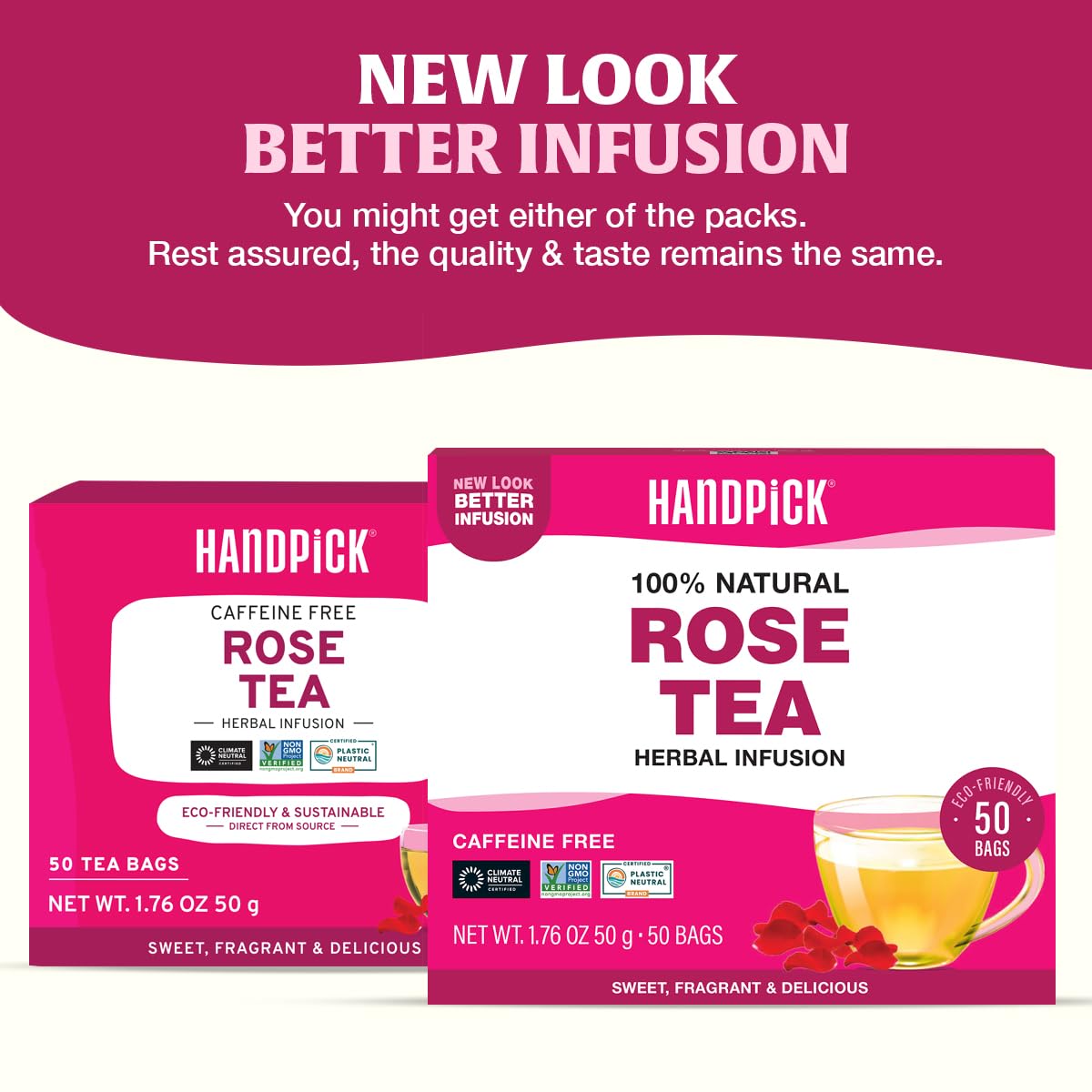 HANDPICK, Rose Buds Herbal Tea Bags - 50 Count | Caffeine Free Rose Tea with Chamomile & Tulsi | Floral & Smooth | Round Eco-conscious Tea Bags