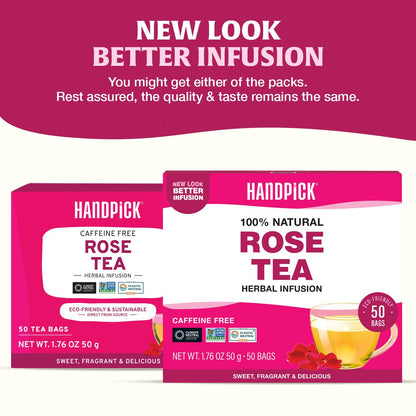 HANDPICK, Rose Buds Herbal Tea Bags - 50 Count | Caffeine Free Rose Tea with Chamomile & Tulsi | Floral & Smooth | Round Eco-conscious Tea Bags