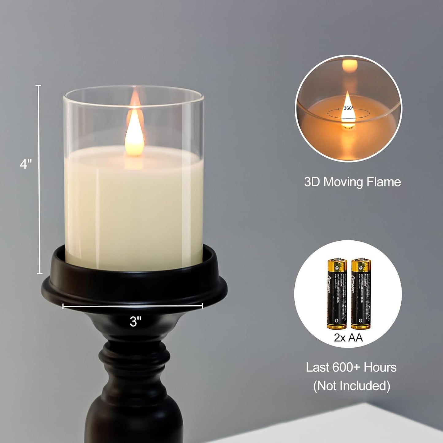 TECHLONG Flameless Candles Battery Operated with Timer, 3D Moving Flame Flickering, Last 600+ Hours Battery Candles, 3" x 3" Ivory Real Wax Electric LED Candle for Wedding Party Decorations