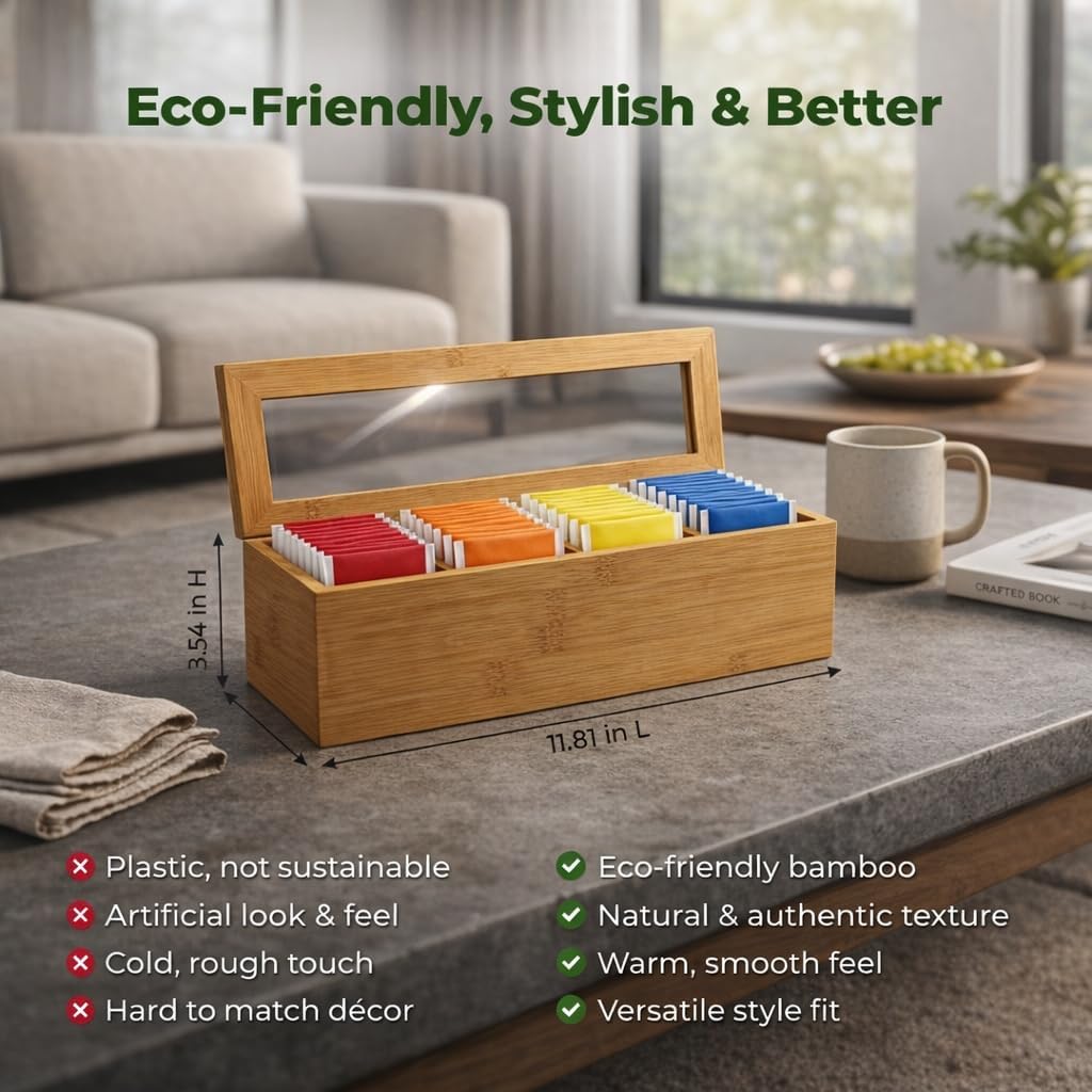 Tea Bag Organizer – Bamboo Tea Box Organizer with Acrylic Lid | Tea Storage Holder | Tea Caddy with 4 Compartments for Drawer, Kitchen Counter & Cabinet (11.8 x 3.5 x 3.5 in)