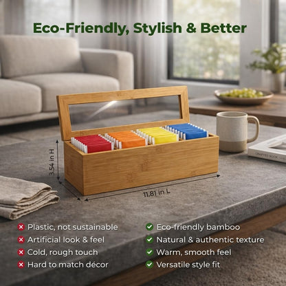 Tea Bag Organizer – Bamboo Tea Box Organizer with Acrylic Lid | Tea Storage Holder | Tea Caddy with 4 Compartments for Drawer, Kitchen Counter & Cabinet (11.8 x 3.5 x 3.5 in)