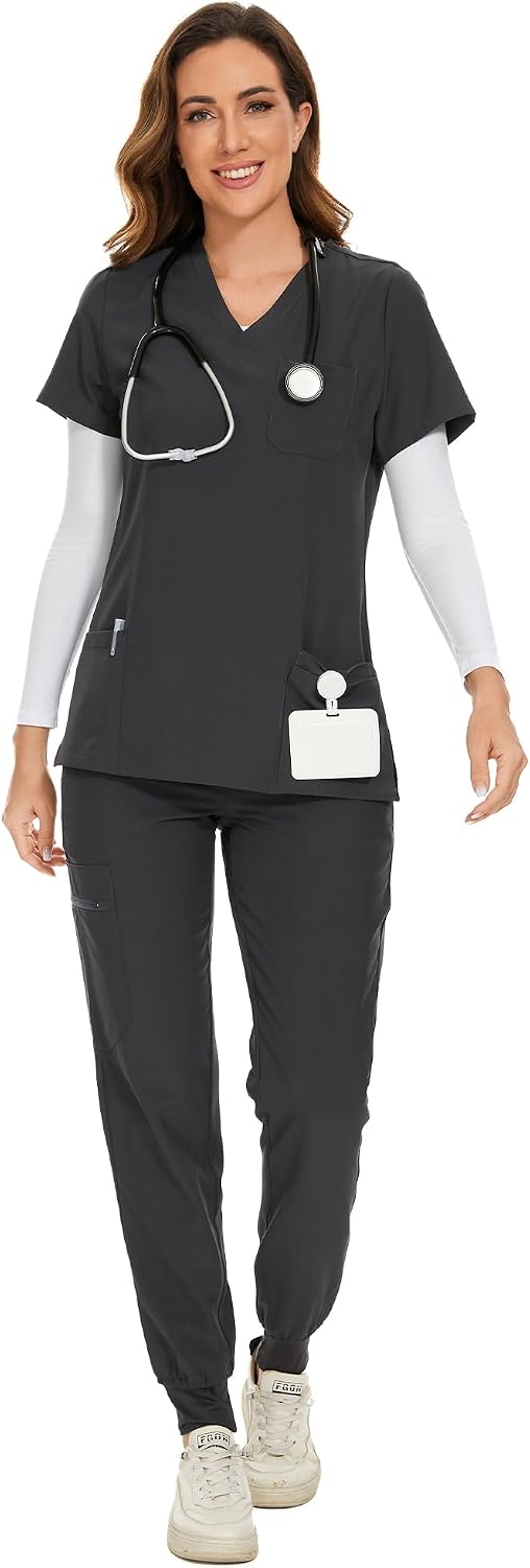 COZYFIT Scrubs for Women Set - Stretch V-Neck Scrub Top & Jogger Pant with 8 Pockets COZY SCRUBS - Colors C