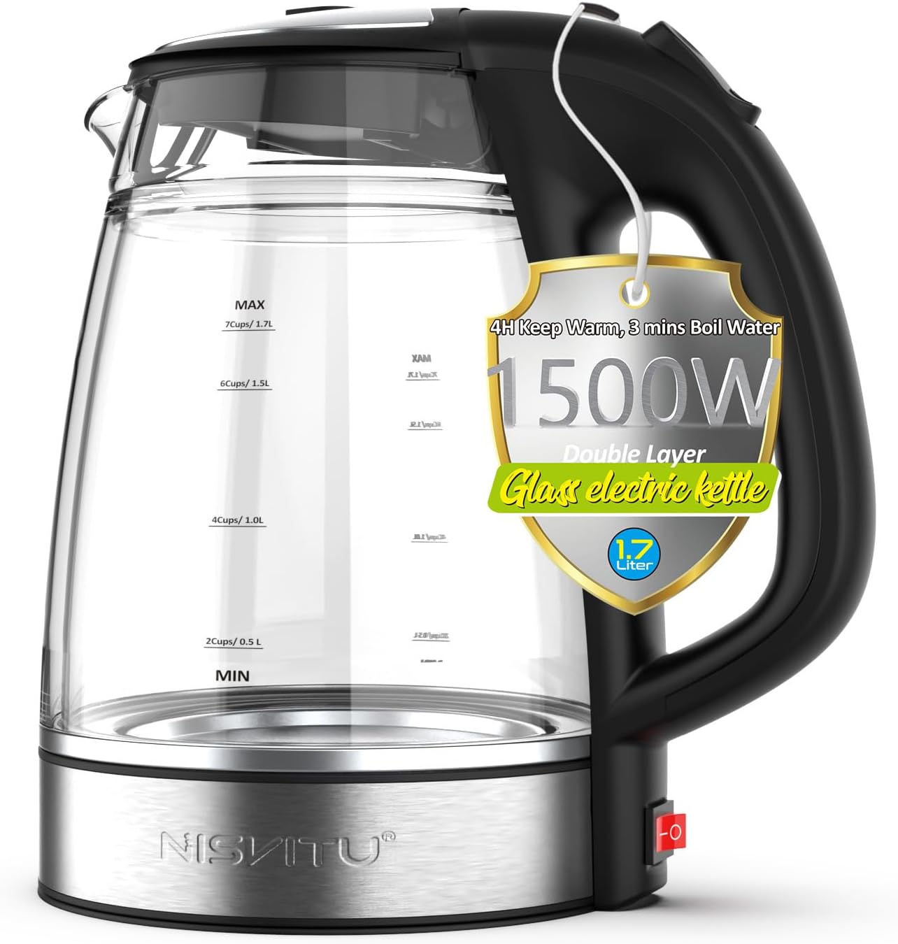 NISVITU 1.7L Dual Wall Cool Touch Electric Kettle, BPA-Free Borosilicate Glass Inner, PC Outer, 1500W Fast Boil Cordless Hot Water Boiler & Electric Tea Kettle, Keep Warm, Auto Shut-Off, White