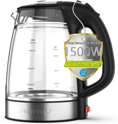 NISVITU 1.7L Dual Wall Cool Touch Electric Kettle, BPA-Free Borosilicate Glass Inner, PC Outer, 1500W Fast Boil Cordless Hot Water Boiler & Electric Tea Kettle, Keep Warm, Auto Shut-Off, White