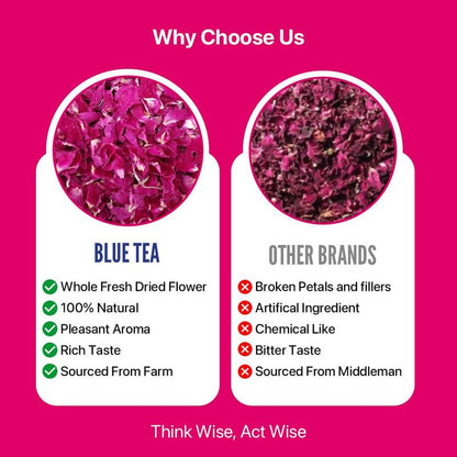 BLUE TEA - Rose Tea - 0.88 Oz (25 Cups) Loose | Rich in Vitamin-C - For Hair & Skin | Natural Sun Dried | Caffeine Free - Flower Based - Herbal Tea - Vegan | Pet Jar