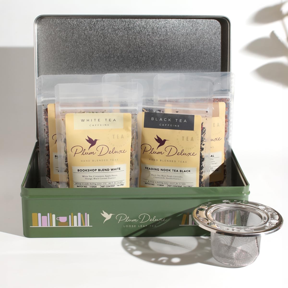 Loose Leaf Tea Sampler – 5 Caffeinated Blends Including Creme Brulee Earl Grey, Peach Oolong, Citrus Mint, Pecan and Floral Black – 75 to 100 Cups – Handcrafted in USA – Plum Deluxe