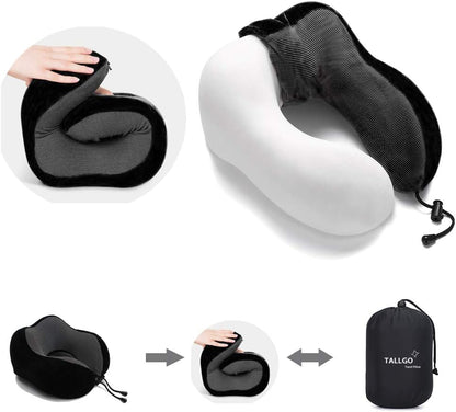 TALLGO Travel Pillow, Best Memory Foam Neck Pillow Head Support Soft Pillow for Sleeping Rest, Airplane Car & Home Use (Black)