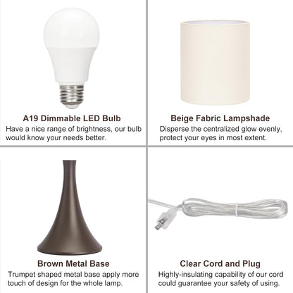 3 Way Touch Control Table Lamp, Dimmable Bedside Desk Lamp with Metal Base Modern Nightstand Lamp Stylish Grey Shade Simple Side Table Lamp for Bedroom, Living Room, Office or Den LED Bulb Included