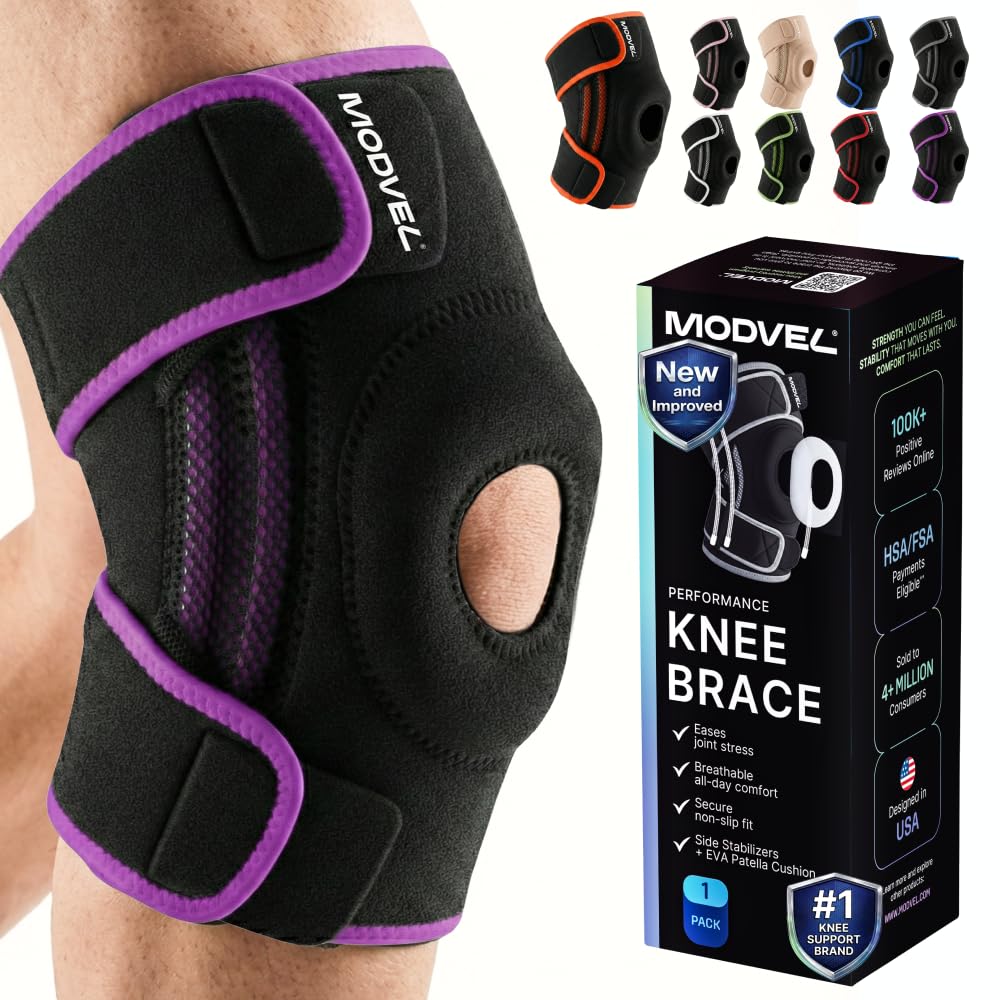 Modvel Knee Brace with Side Stabilizers & Patella Gel Pads for Pain Relief and Joint Support Breathable, Non-Slip Compression Sleeve for Men & Women, Arthritis, Meniscus, ACL Recovery