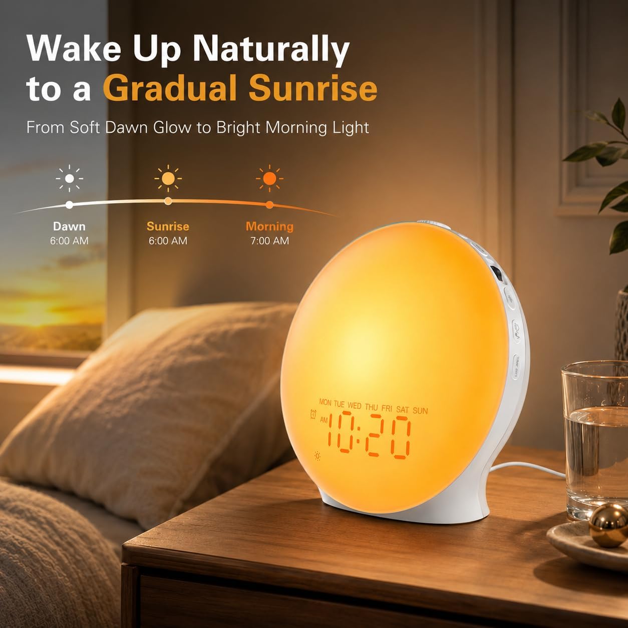 JALL Sunrise Alarm Clock White Noise Machine with 25 Nature Sleep Sounds, Fully Dimmable Clock for Bedrooms, Heavy Sleepers, 17 Light Modes, Bluetooth Speaker