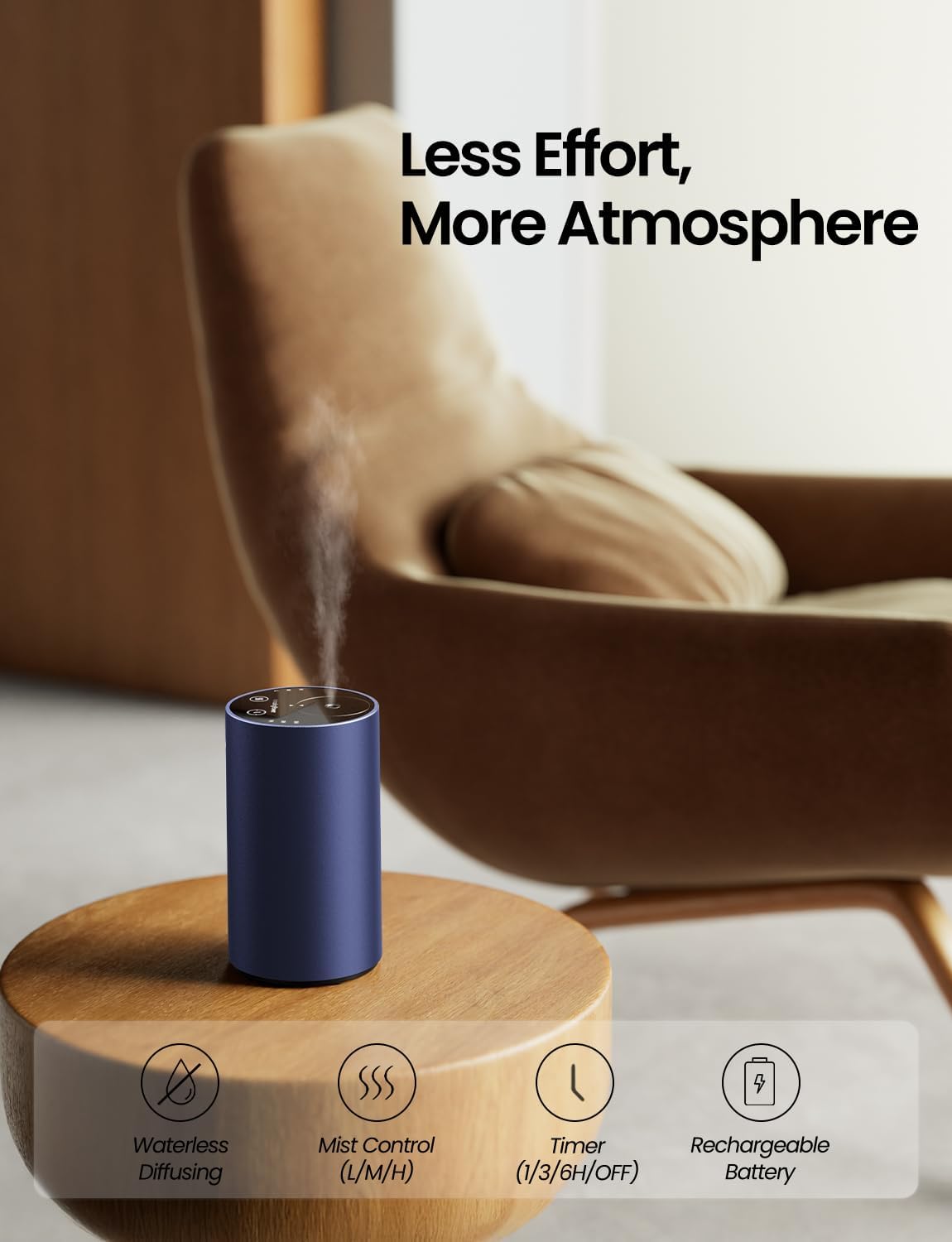 Waterless Essential Oil Diffuser, Rechargeable Scent Diffusers with 3 Mist Levels & Timers, Portable Aromatherapy Diffuser for Home Car Room Studio Office, Black Metal