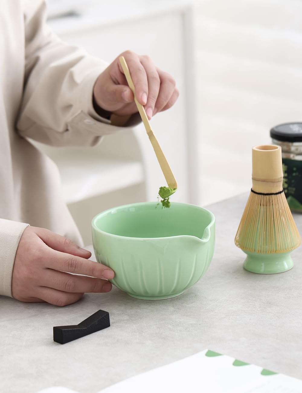 TANG PIN Matcha Set - Match Bowl and Whisk, 15 OZ, Matcha Scoop | Matcha Whisk Stand (Chasen Holder) - 5pc Perfect Matcha Kit for Matcha Tea Ceremony (Mottled Green)
