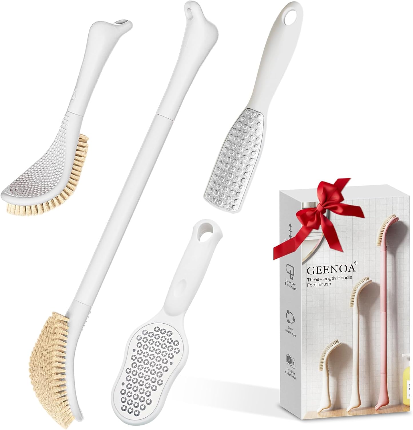 New Foot Brush with Adjustable Long Handle, 3-in-1 Foot Scrubber for Wet or Dry Brushing, 10.2’’- 27.5’’ Foot Scrub Brush for Senior, Pregnant, Disabled, or Injured, Gift-Box Packed(White)