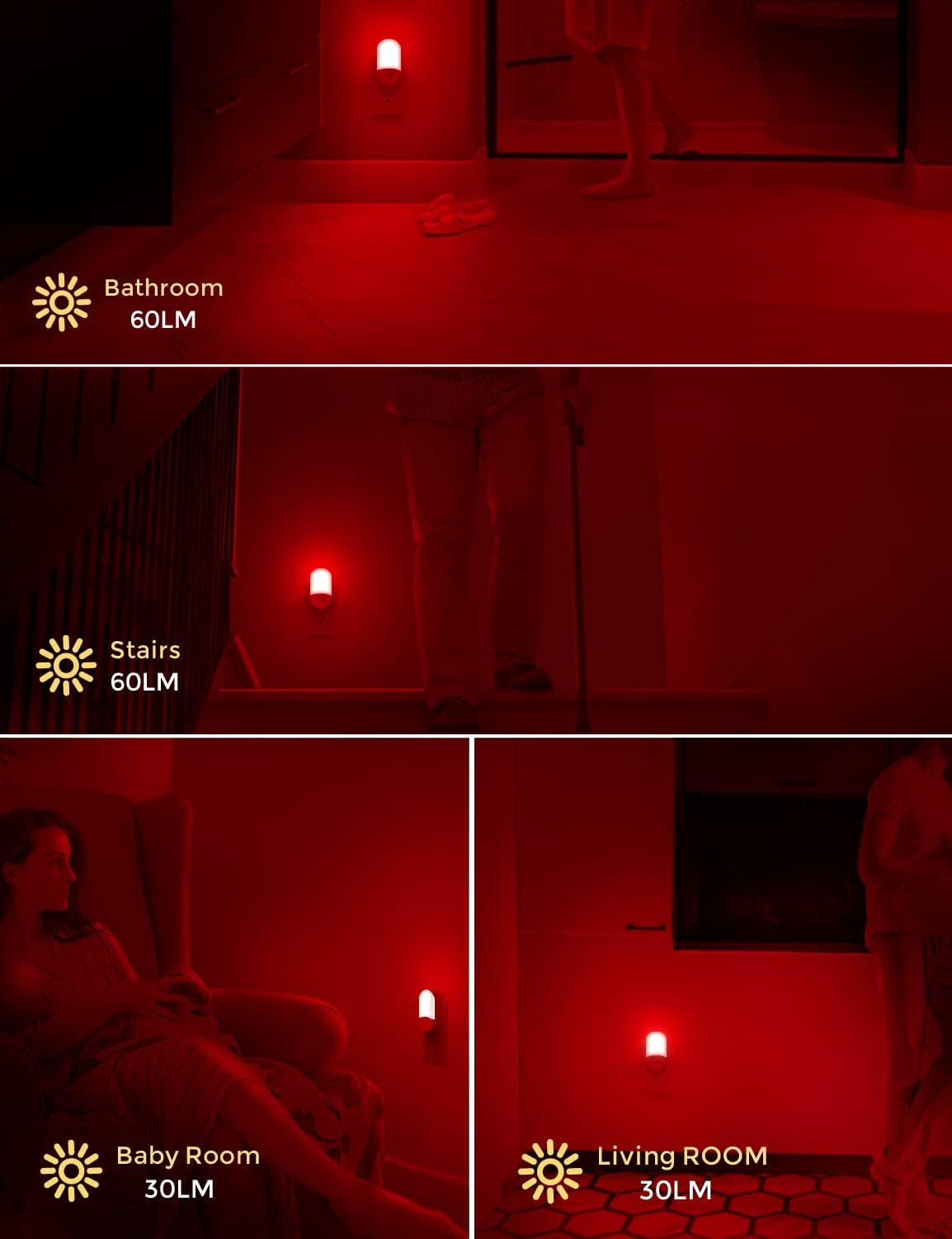 L LOHAS LED Amber Night Light, 2 Pack, Night Lights Plug into Wall Motion Sensor, 0.6W 2000K, LED Nightlights, 30/60LM Adjustable Brightness, Automatic Low Blue Nightlight for Kids, Bathroom, Hallway