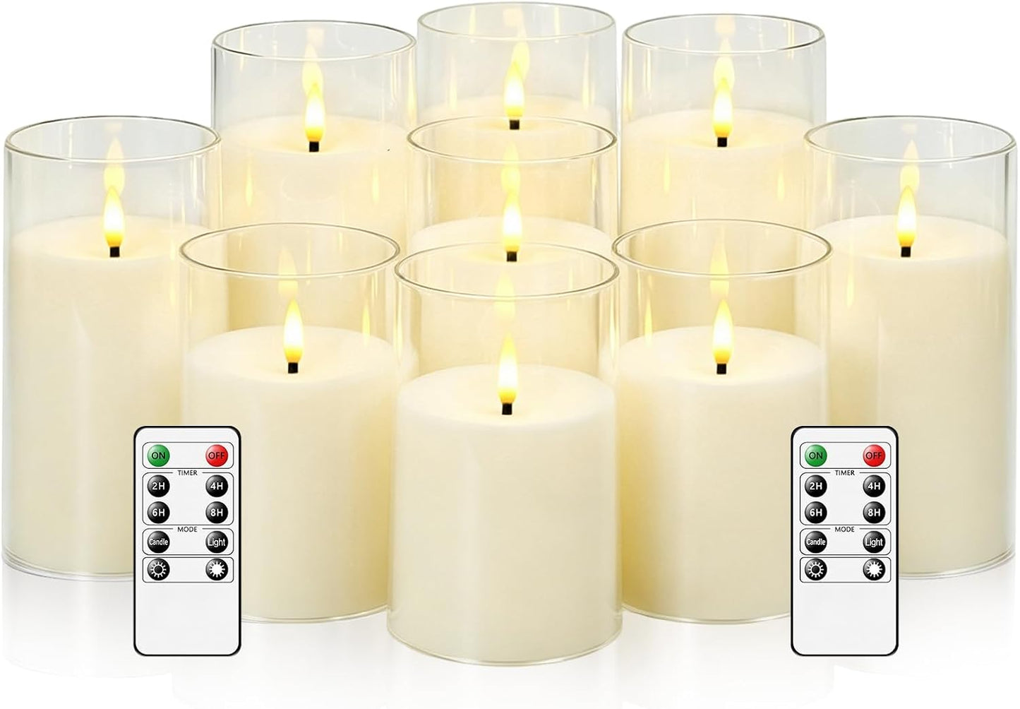 kakoya Flickering Flameless Candles Battery Operated with Remote and 2/4/6/8 H Timer Acrylic Led Pillar Candles Pack of 9 (appr D2.3"xH5.5"6.5"7.5")with Realistic 3D Wick Candles for Home Decor(White)