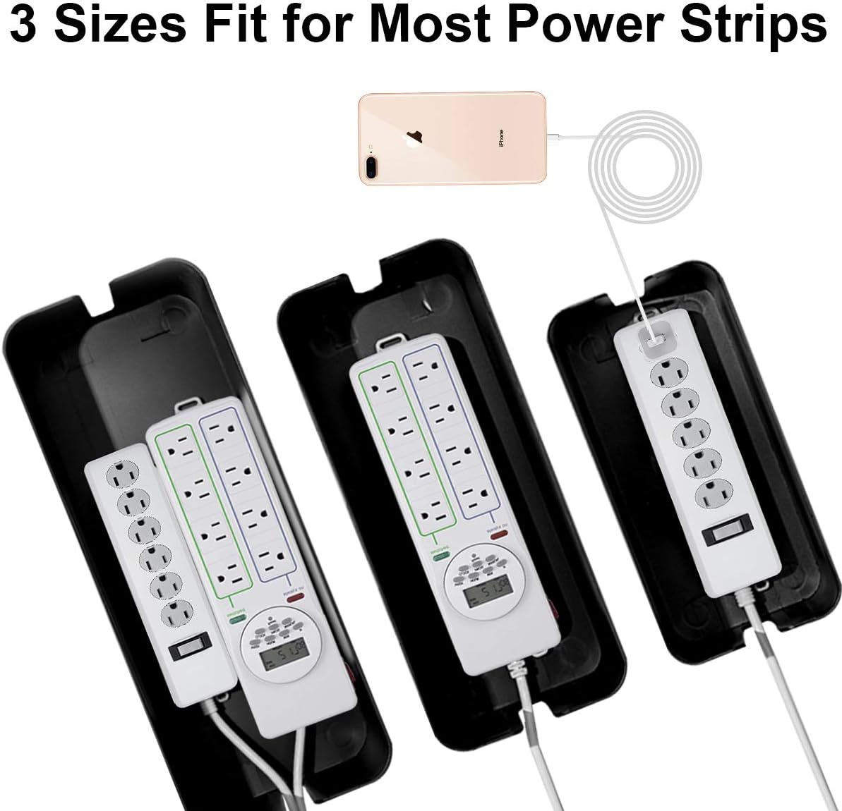 DUNCHATY Cable Management Box 3 Pack - Cord Hider & Power Strip Cover for Desk TV Computer - Child Pet Safe ABS Wire Organizer Box with 10 Cable Ties & Clips, White