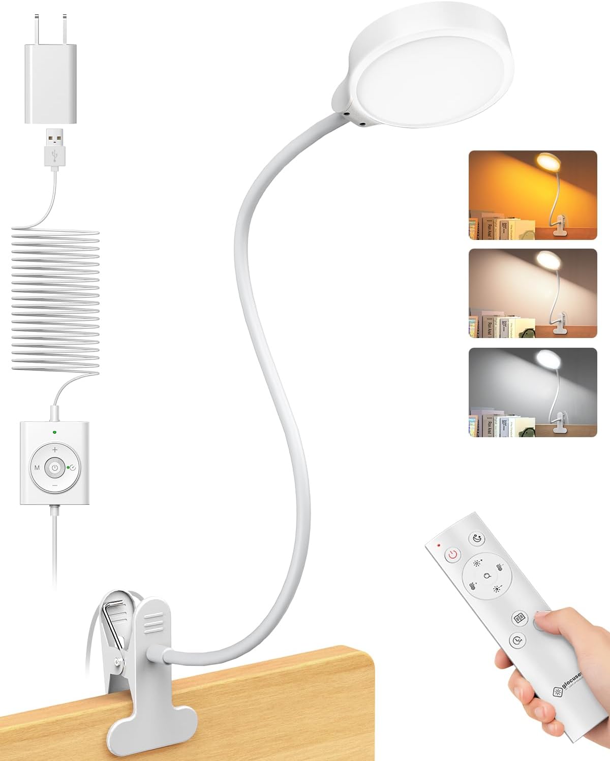 Glocusent 5W Clip on Light, 36 LED Eye Caring Reading Light for Bed, 3 Colors & 5 Brightness Clip on Lamp with Adapter, Perfect Desk Lamp with Clamp/Bunk Bed/Headboard/Table