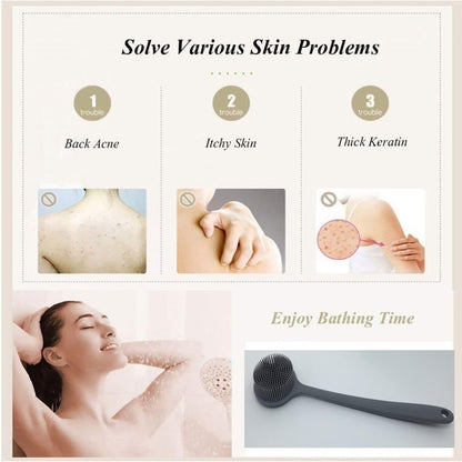 Long Handle Silicone Body Scrubber for Shower, Dual-Sided Back Scrubber Brush with Soft Bristles&Massage Nodes, Exfoliating Bath Brush for Hard to Reach Areas, Easy to Clean & Quick Dry, for Daily Use