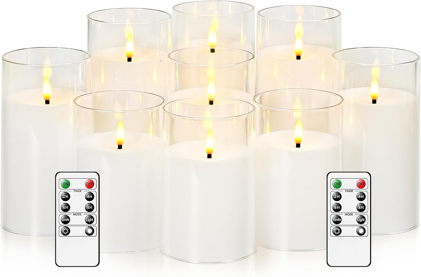 kakoya Flickering Flameless Candles Battery Operated with Remote and 2/4/6/8 H Timer Acrylic Led Pillar Candles Pack of 9 (appr D2.3"xH5.5"6.5"7.5")with Realistic 3D Wick Candles for Home Decor(White)