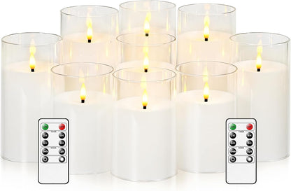 kakoya Flickering Flameless Candles Battery Operated with Remote and 2/4/6/8 H Timer Acrylic Led Pillar Candles Pack of 9 (appr D2.3"xH5.5"6.5"7.5")with Realistic 3D Wick Candles for Home Decor(White)