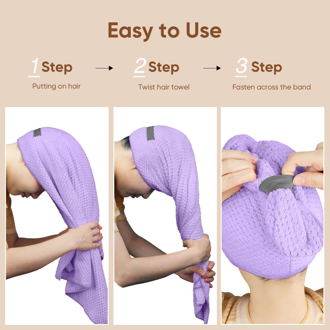 HOMEXCEL 5 Pack Microfiber Hair Towels - 40 x 20 inches Super Soft, Fast Drying Turbans for Long, Thick, Curly Hair - Anti Frizz Wrap with Elastic Strap
