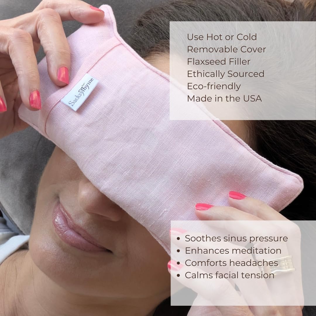 Sacksy Thyme Organic Linen Eye Pillow - Lavender & Flaxseed for Relaxation, Yoga, Stress Relief - Microwavable Heating Pad & Cool Compress - Made in USA - Gifts for Meditation
