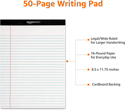 Amazon Basics Wide Ruled Lined Writing Note Pads for Office Supplies, 8.5" x 11.75", White, 12-Pack of 50 Perforated Sheets