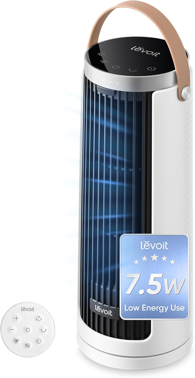 LEVOIT Tower Fan for Bedroom, 20dB Quiet Desk Fan with 23ft/s, Portable & Easy to Carry, 3-Angle & 5-Speed Mini Oscillating Fan, DC Motor, Bladeless, Remoter, 12H Timer, for Home, Room, Office, White