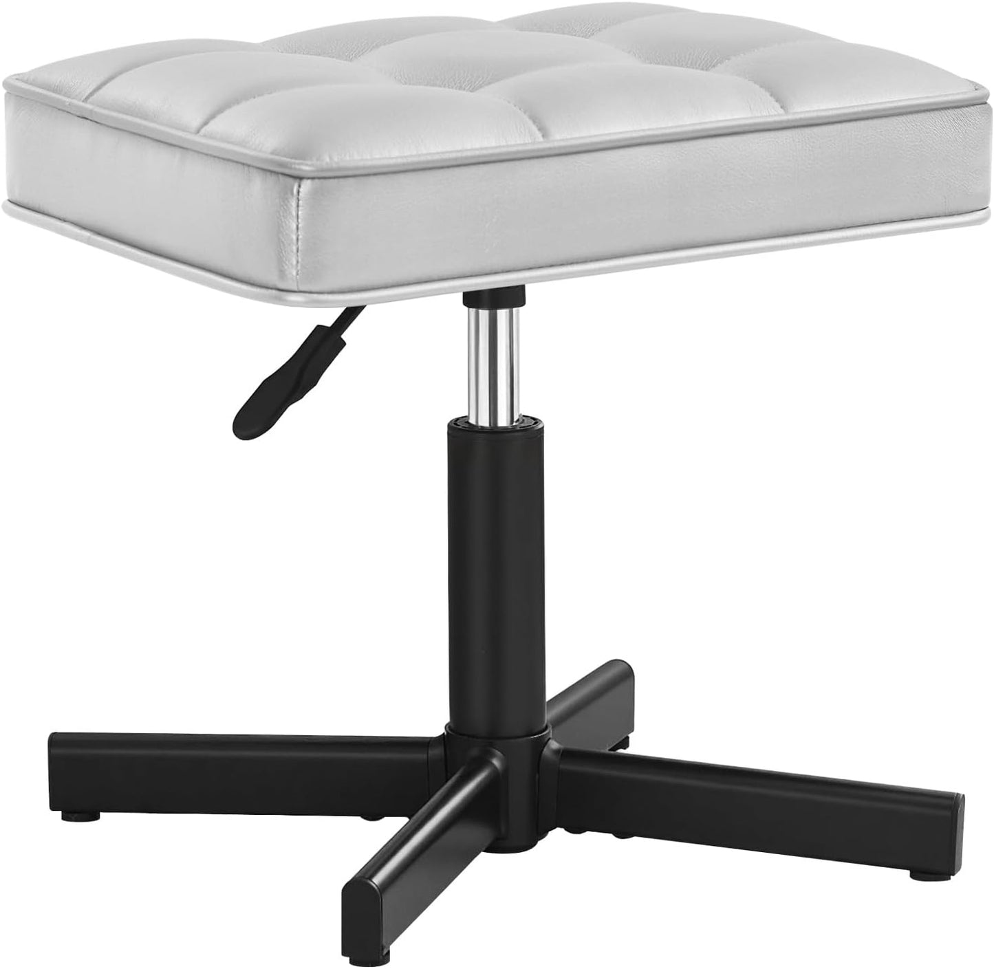 LUE BONA Adjustable Vanity Stool, Foot Rest Under Desk, 360° Swivel Vanity Chair for Makeup Room, Black Upholstered Faux Leather Ottoman for Bathroom & Living Room, 300lbs