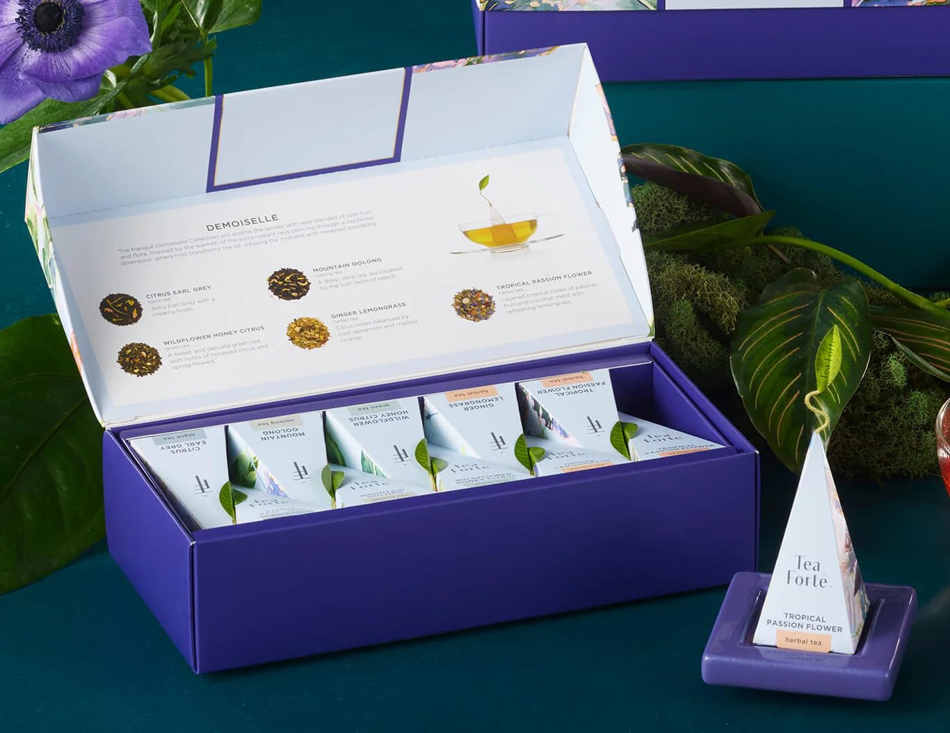 Tea Forte Premium Petite Presentation Box Gift Set Sampler, 10 Count, 2 of Each Blend Individually Wrapped Handcrafted Pyramid Infuser Bags, Demoiselle Tea