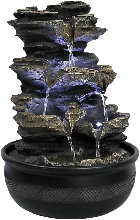 8.3” H Indoor Zen Tabletop Water Fountain, Rock Cascading Waterfall with Spinning Crystal Ball & LED Light for Home Office Decor