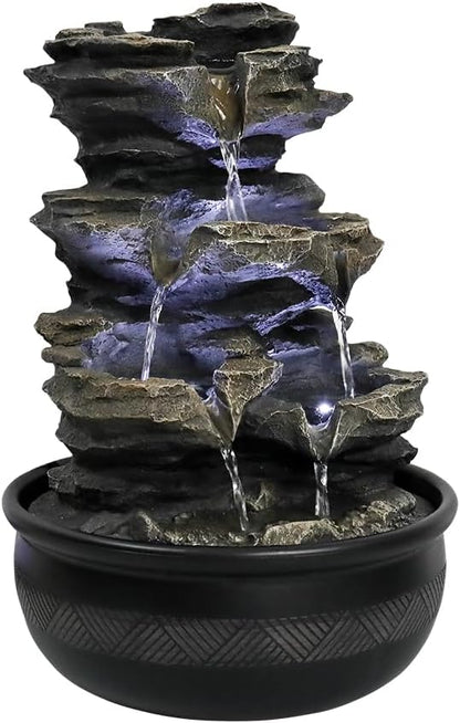 8.3” H Indoor Zen Tabletop Water Fountain, Rock Cascading Waterfall with Spinning Crystal Ball & LED Light for Home Office Decor