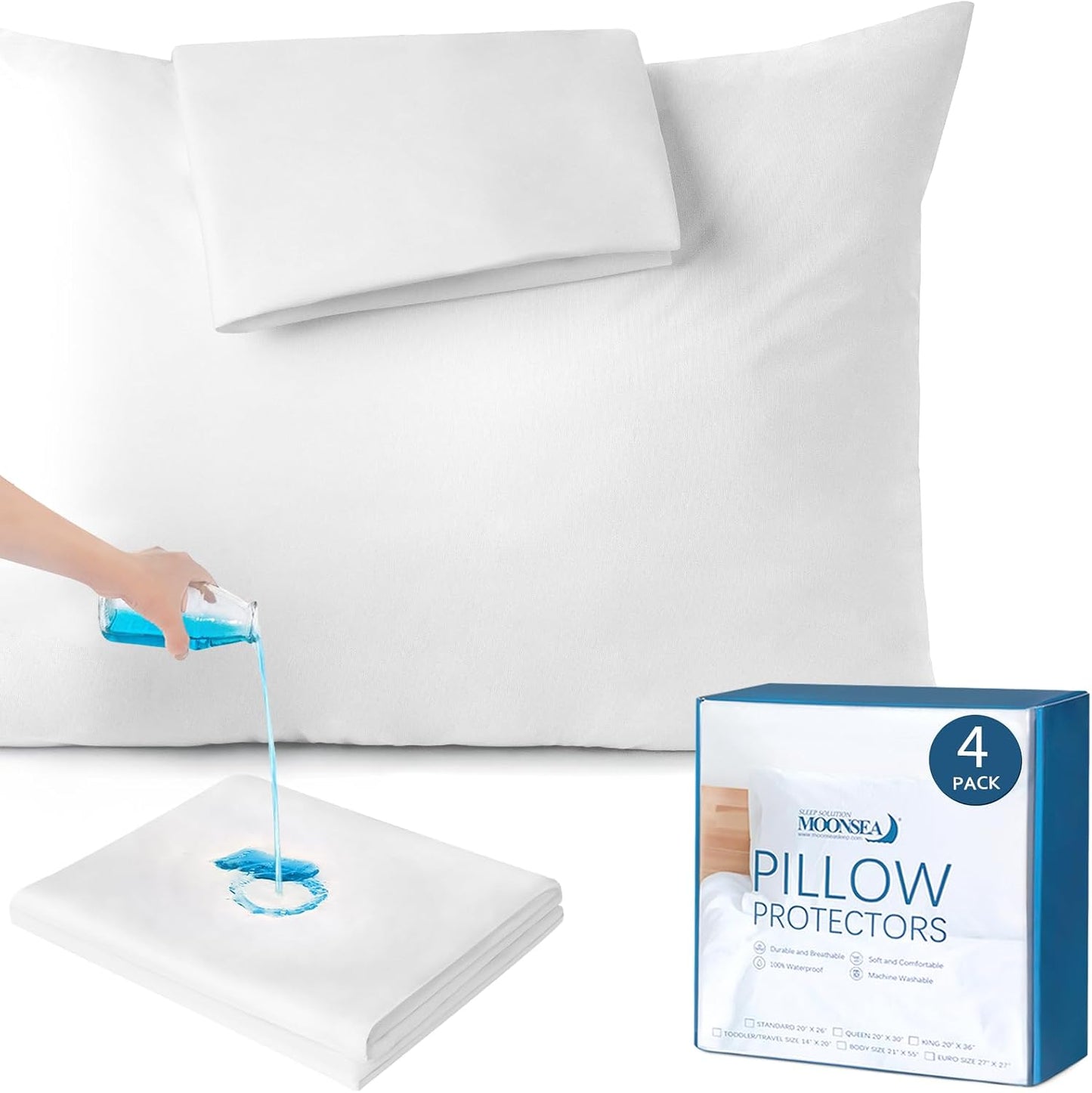 Waterproof Pillow Case Protector with Zipper 4 Pack Standard Size 20 x 26 inch White Pillow Protectors Feather Proof Pillow Covers Encasement Pillow Case