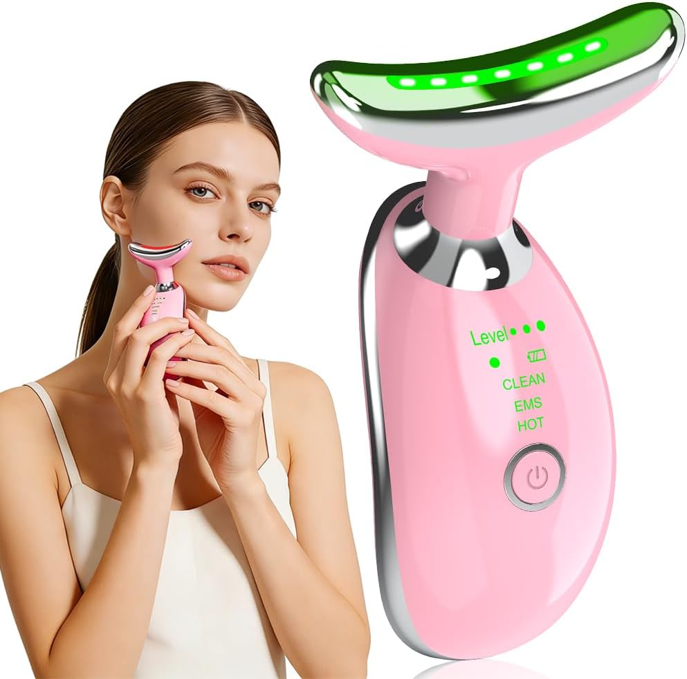Face and Neck Massager, Facial Sculpting Tool with Smart Vibration, Red-Light and EMS Modes, Heat Gua Sha Facial Tools for Women Daily Home Use (Pink)