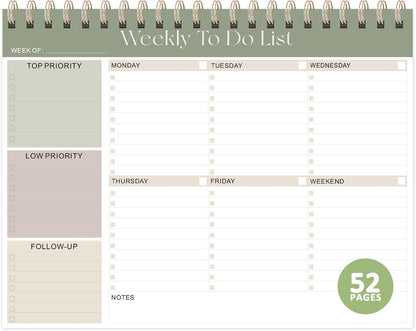 Weekly To Do List Notepad, 52 Undated Sheets (8.5"×11"), Undated Weekly Planner for Women & Men, Desk Accessories and Supplies for Office, Home, and School