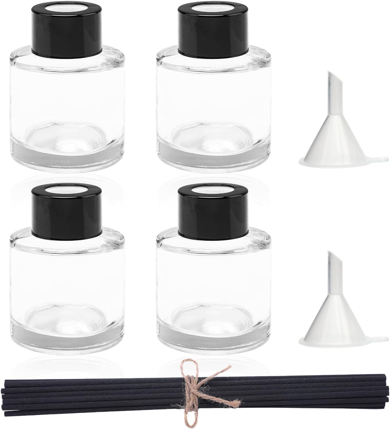 4PCS Fragrance Glass Diffuser Bottles, Refillable Diffuser Bottles with 20pcs Reeds Sticks & Black Caps & Funnel, Diffuser Jars for Home Oil Fragrance Decoration Girl Women Gift (100ML)
