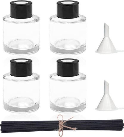 4PCS Fragrance Glass Diffuser Bottles, Refillable Diffuser Bottles with 20pcs Reeds Sticks & Black Caps & Funnel, Diffuser Jars for Home Oil Fragrance Decoration Girl Women Gift (100ML)