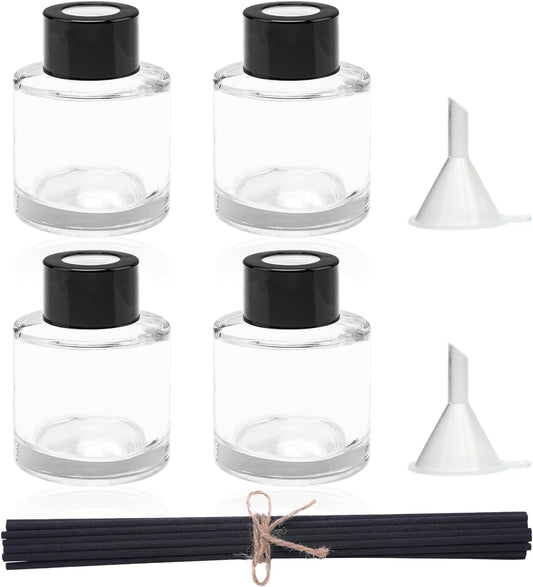 4PCS Fragrance Glass Diffuser Bottles, Refillable Diffuser Bottles with 20pcs Reeds Sticks & Black Caps & Funnel, Diffuser Jars for Home Oil Fragrance Decoration Girl Women Gift (100ML)