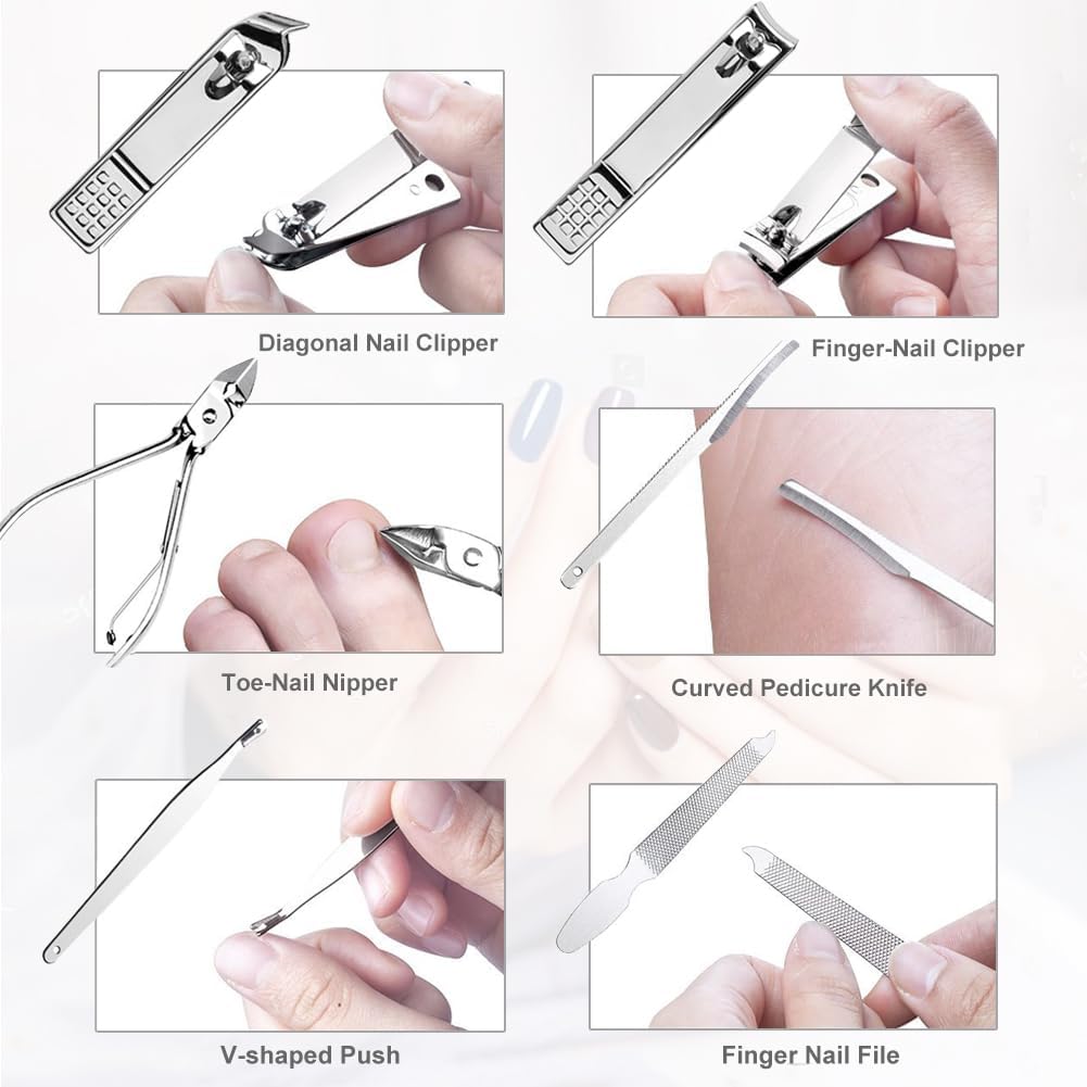 Yougai Manicure Set 18 Pieces Professional Nail Clippers Pedicure Kit Men Women, Stainless Steel Fingernail Toenail Cutters, Nail Care Grooming Tools with Leather Travel Case
