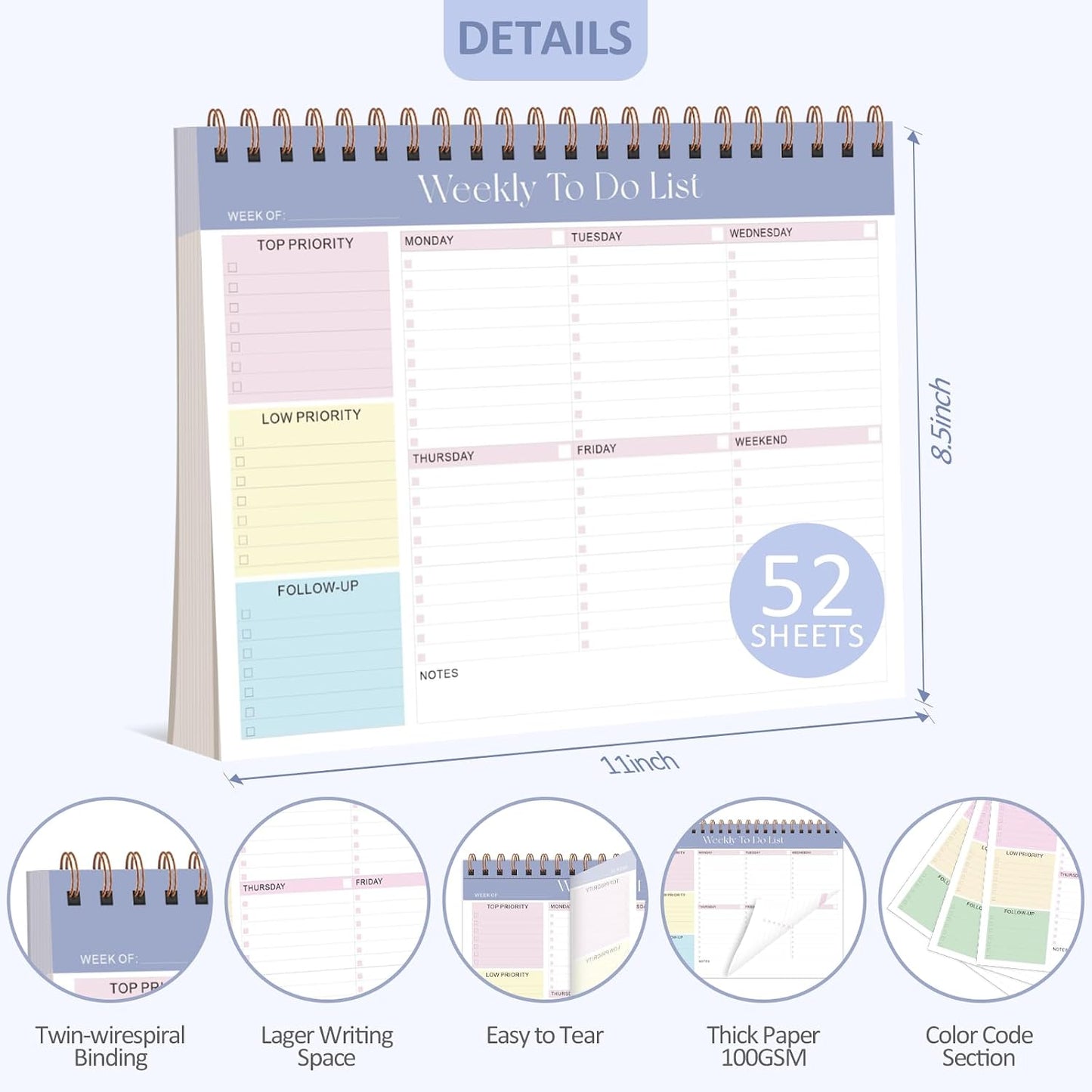 Weekly To Do List Notepad, 52 Sheets, Undated Weekly Planner, Letter Size | 8.5"x11", 100GSM, Thick Paper, Twin-Wire Spiral Bound, Tear Off Desk Pad, For Women & Man, Home School & Office Work