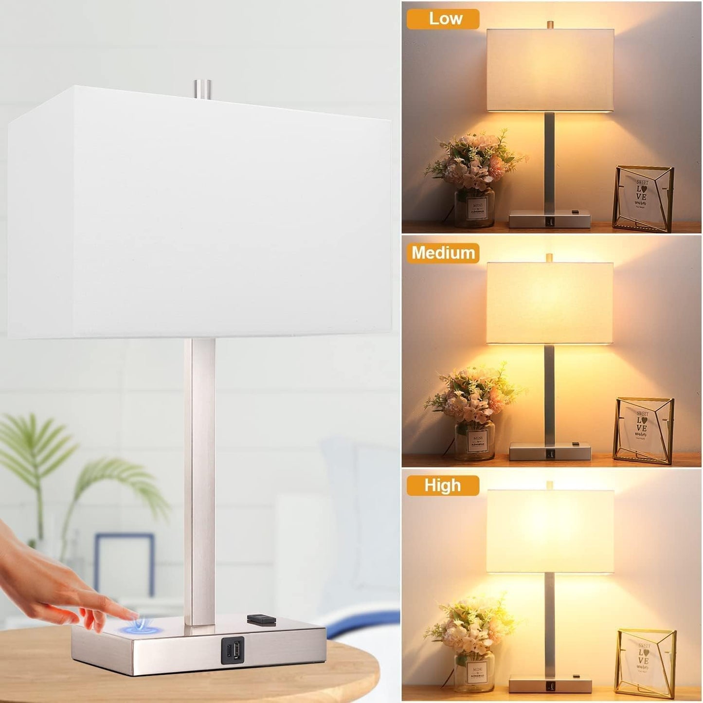 21" Touch Bedside lamps with 2 USB & AC Outlets, 3-Way Dimmable Bedside Table Lamps Set of 2 for Bedroom Living Room Office Reading, Gray Shade Lamps for Night Stands, 5000K LED Bulbs Included
