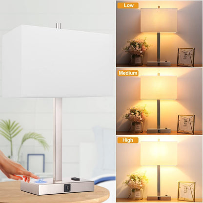21" Touch Bedside lamps with 2 USB & AC Outlets, 3-Way Dimmable Bedside Table Lamps Set of 2 for Bedroom Living Room Office Reading, Gray Shade Lamps for Night Stands, 5000K LED Bulbs Included