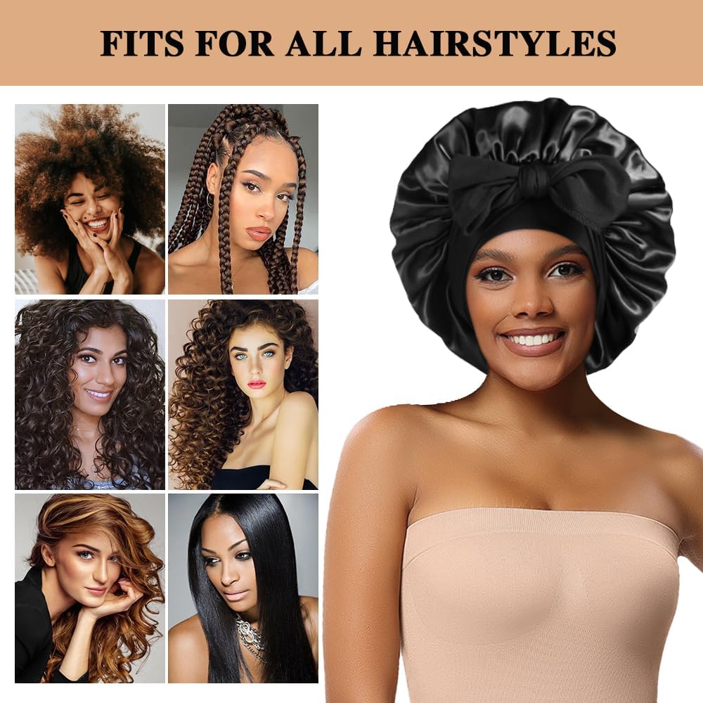 2+3 Large Satin Bonnets with Scrunchies for Women, Hair Bonnet Sleeping Tie Bonnet for Braids Curly Hair
